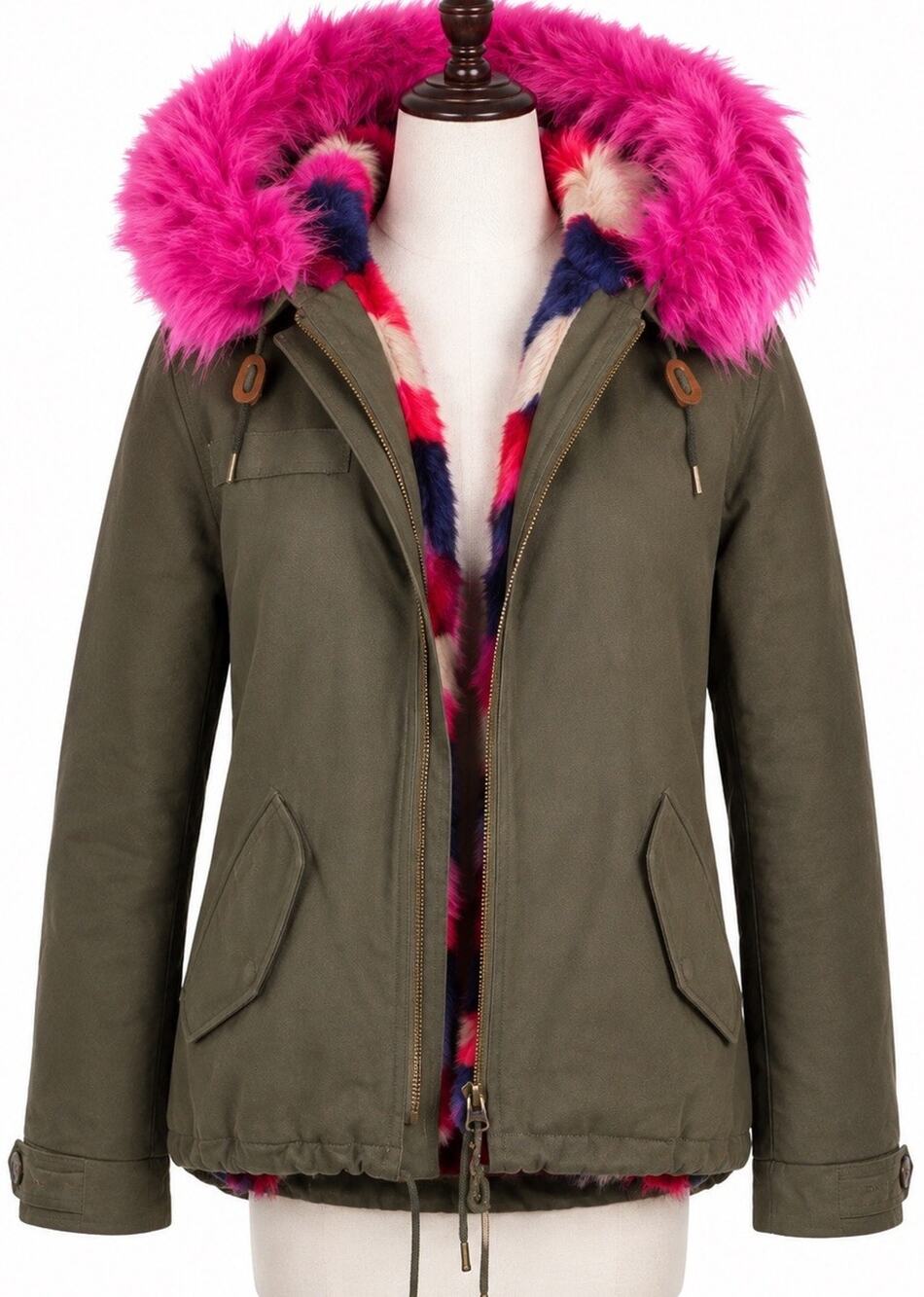 Belle Vere Utility Parka Olive Green Faux Fur Lined Pink Hood Jacket Womens S